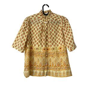 Alix of Bohemian Pale Yellow Orange Floral Short Sleeve Ruffle Neck Blouse Small
